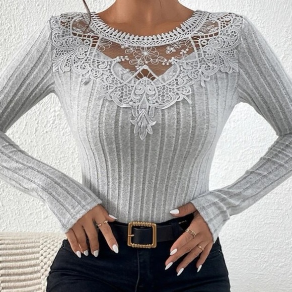 Grey Rib Knit Lace Neck Top in XS - Picture 4 of 5